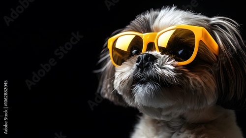 Shih Tzu in yellow shades: A stylish pup, striking a pose against a dark backdrop. Pure canine cool! photo