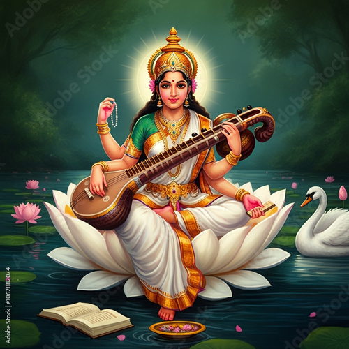 Depiction of Goddess Saraswati with her veena, seated on a lotus surrounded by swans in a natural setting, symbolizing learning, music, and purity