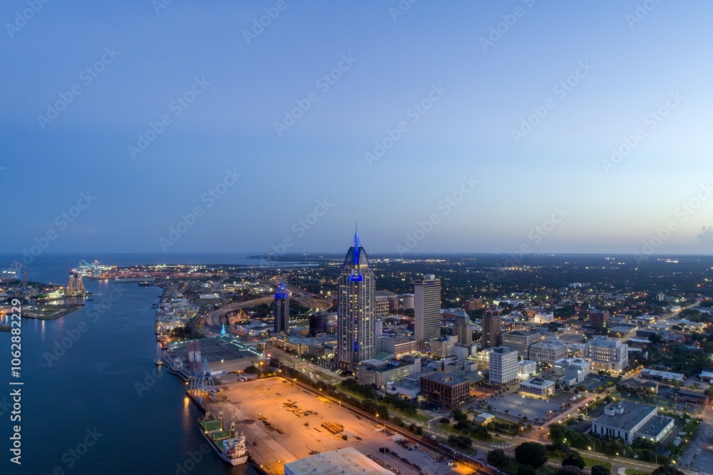 Fototapeta premium Downtown Mobile waterfront skyline at sunset