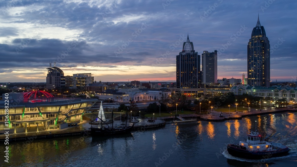 Downtown Mobile waterfront skyline at sunset Downtown Mobile waterfront skyline at sunset