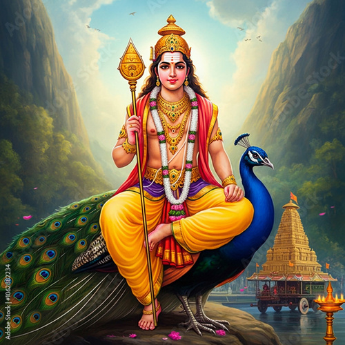 Sacred illustration of Lord Murugan seated with his peacock and Vel, representing wisdom, valor, and devotion in Hindu belief