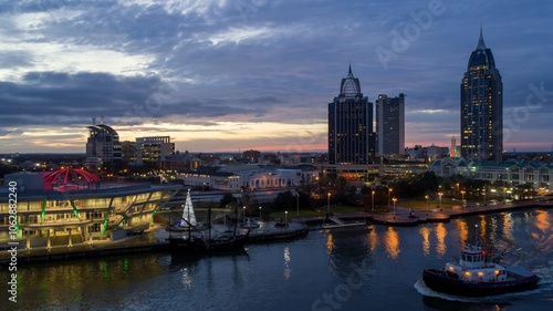 Downtown Mobile waterfront skyline at sunset