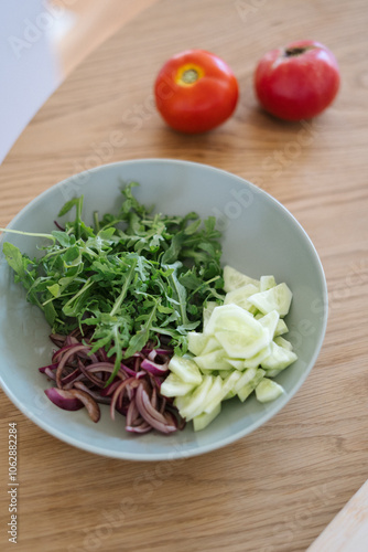 Wallpaper Mural Fresh Salad Preparation with Cucumbers, Red Onions, Arugula and Torontodigital.ca