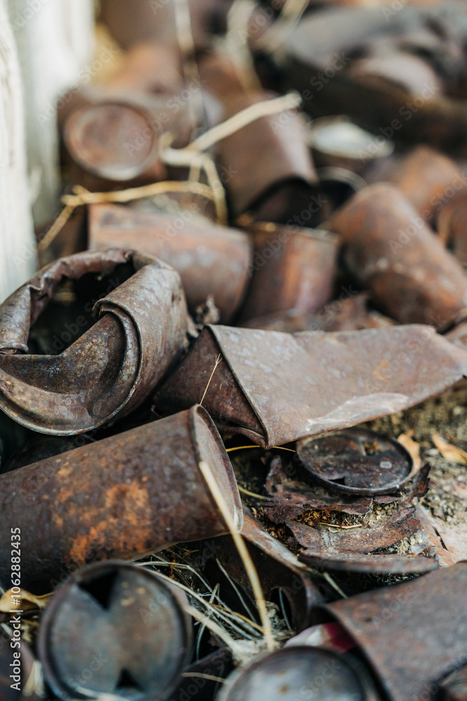 Close-up of rusted tin cans with textures of decay and patina Close-up of rusted tin cans with textures of decay and patina