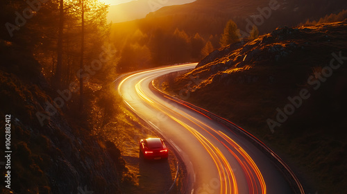 Fast winding road with streaks of light from moving cars at sunset, Mountain view