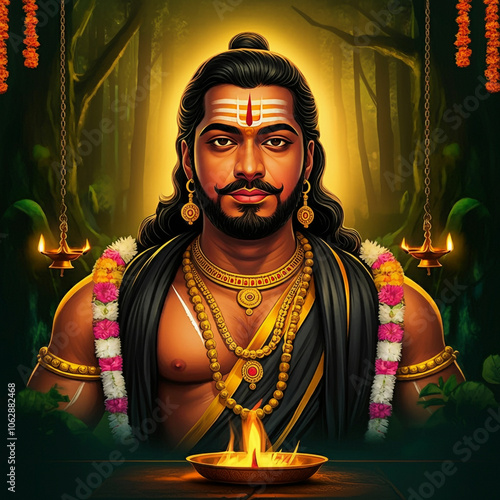 Illustration of Lord Ayyappa adorned with traditional jewelry and temple decorations, symbolizing devotion, strength, and spirituality photo