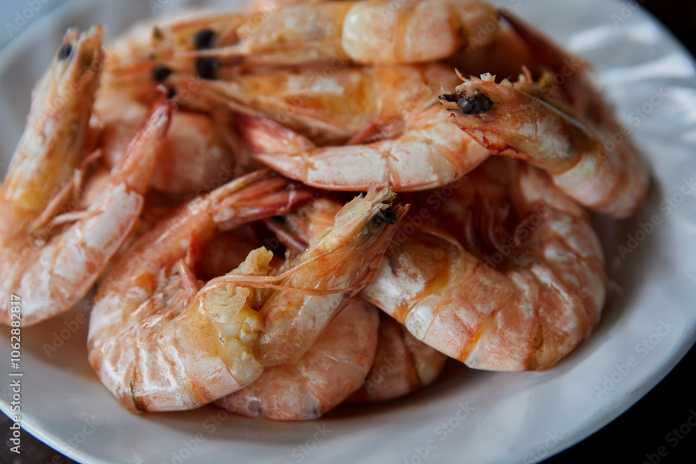 Close-up view of steamed shrimp in plate Close-up view of steamed shrimp in plate