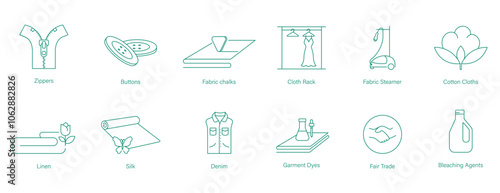 Zippers, Buttons, Fabric Chalk, Cloth Racks, Fabric Steamer, Cotton Cloth, Linen, Silk, Denim, Garment Dyes, Fair Trade, Bleaching Agents Icon Set