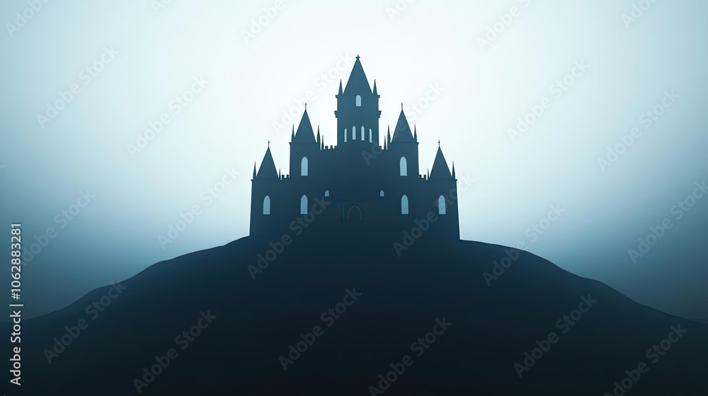 Obraz premium Silhouette of a mystical castle on a foggy hilltop.