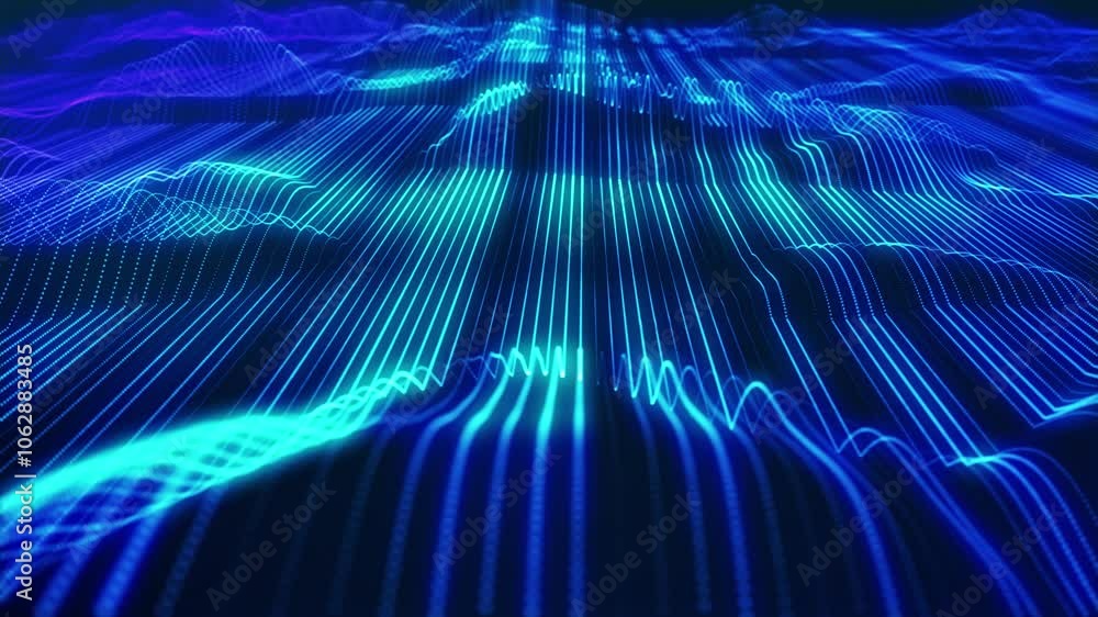 Blue strings. Stunning surface composed of neon glow particles that form waves of light, creating a captivating and seamless looped animation. Design is perfect for various applications, events, shows