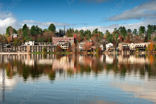 Lake Placid town over Mirror Lake Adirondack Mountains New York