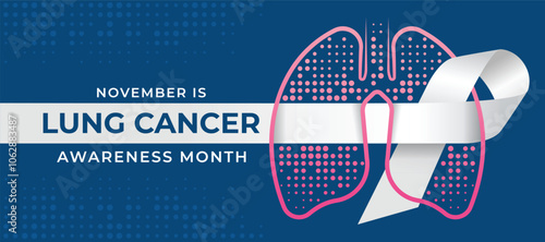 Lung cancer awareness month - Long white ribbon awareness sign cross pink line lung with dot texture sign on blue background vector design