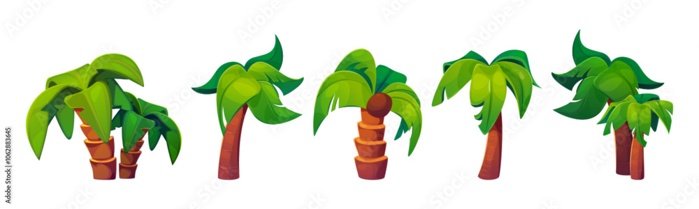 Collection of cartoon palm tree designs for video games. Different styles with bright green leaves, brown segmented trunks and coconut. Various shapes of tropical elements for tropical landscapes.
