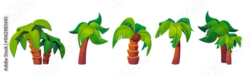 Collection of cartoon palm tree designs for video games. Different styles with bright green leaves, brown segmented trunks and coconut. Various shapes of tropical elements for tropical landscapes.