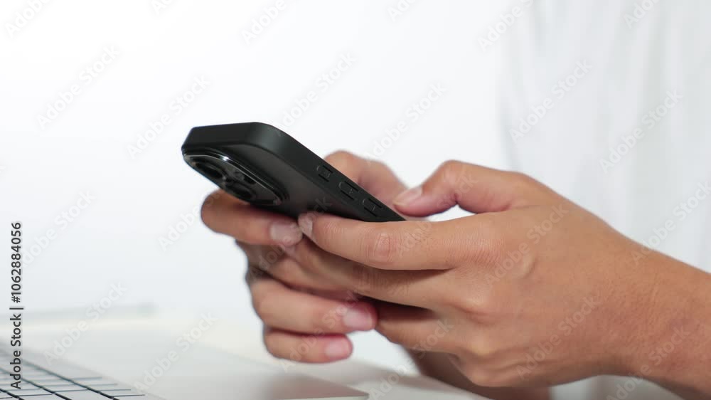 Middle-aged man in white shirt using laptop and smartphone on white background Middle-aged man in white shirt using laptop and smartphone on white background