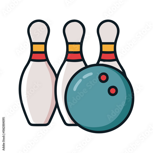 Colorful bowling pins and ball illustration, symbolizing bowling and indoor entertainment, isolated on white background.