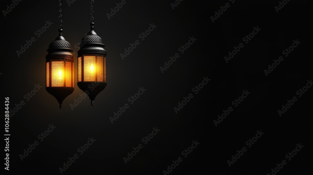 Two ornate lanterns glowing softly against a dark background, creating a warm ambiance. Two ornate lanterns glowing softly against a dark background, creating a warm ambiance.