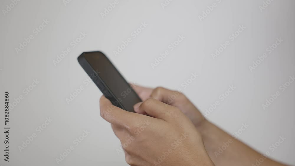 Middle-aged man in white shirt using smartphone on white background Middle-aged man in white shirt using smartphone on white background