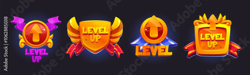 Medieval game level up achievement golden badges with upward arrows and ribbons. Cartoon decorated shields and medallions of different shapes - round emblem, winged crest, circular icon, square plaque