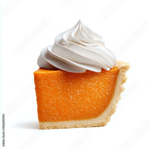 A slice of pumpkin pie topped with whipped cream, isolated on a white background.