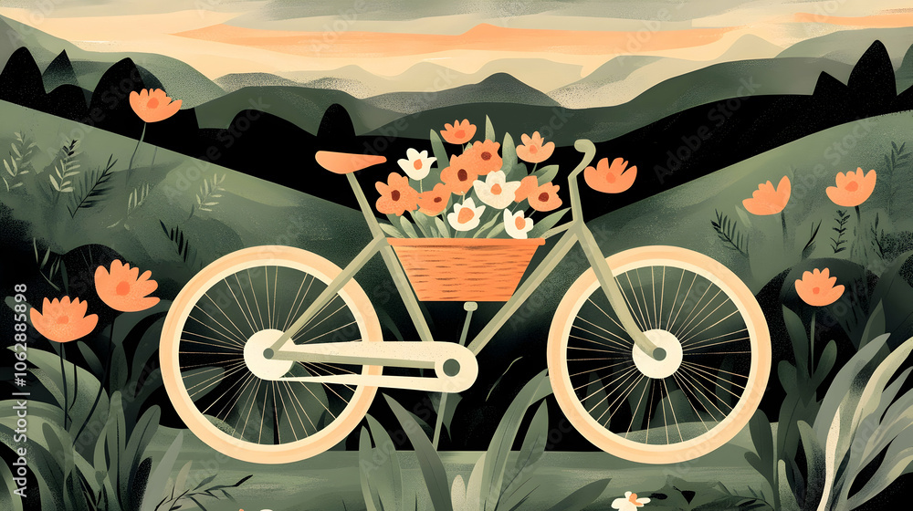 Naklejka premium A bicycle with a basket full of flowers in a field with mountains in the background.