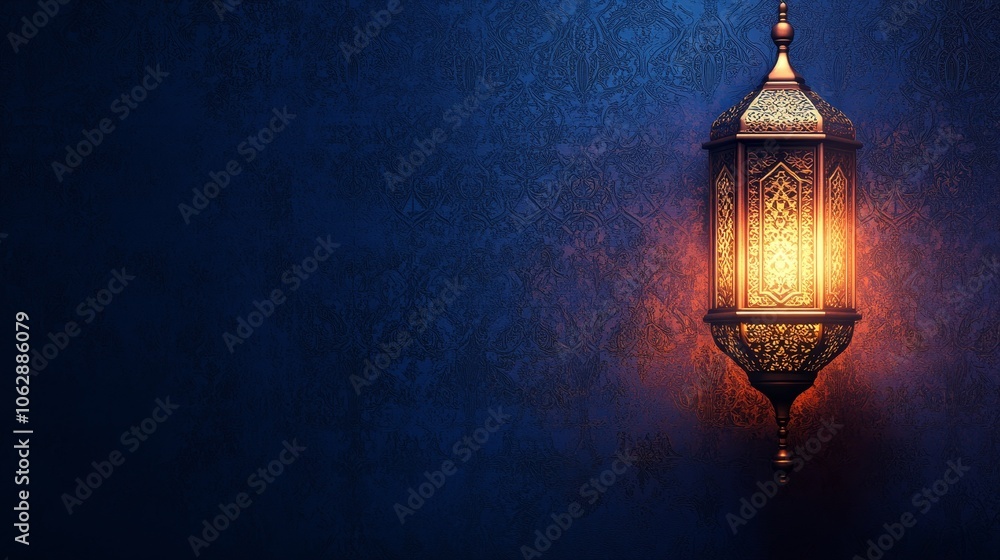 A decorative lantern casts a warm glow against a textured blue wall, enhancing ambiance.