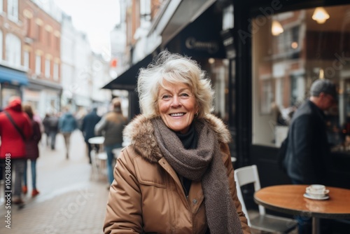 Portrait of happy senior woman with cup of coffee in city street