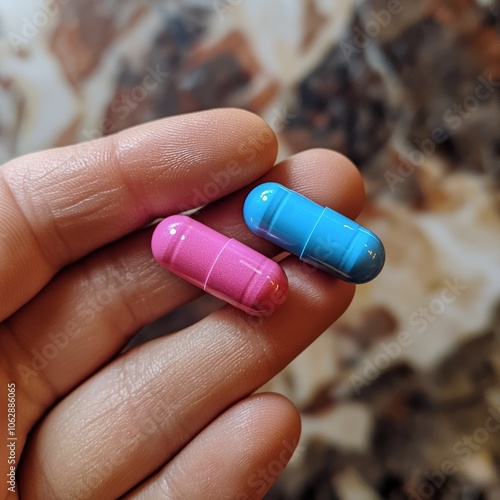 Someone is holding a pink and blue pill.