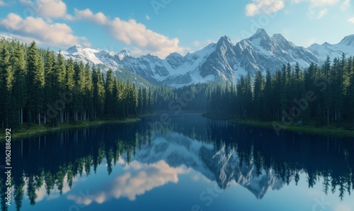 Majestic aerial view of a serene mountain lake surrounded by pine forests, with snow-capped peaks reflected in the still water