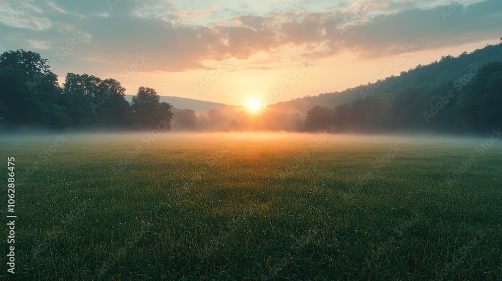 Serene Meadow with Rolling Fog at Sunrise Serene Meadow with Rolling Fog at Sunrise