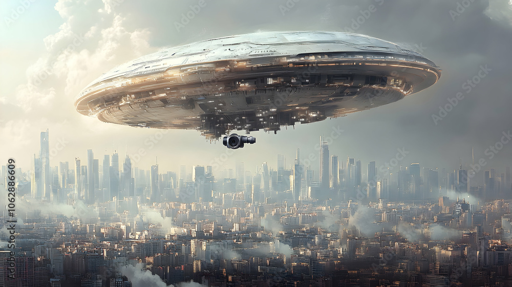 A futuristic flying saucer hovering over a dense cityscape. A futuristic flying saucer hovering over a dense cityscape.