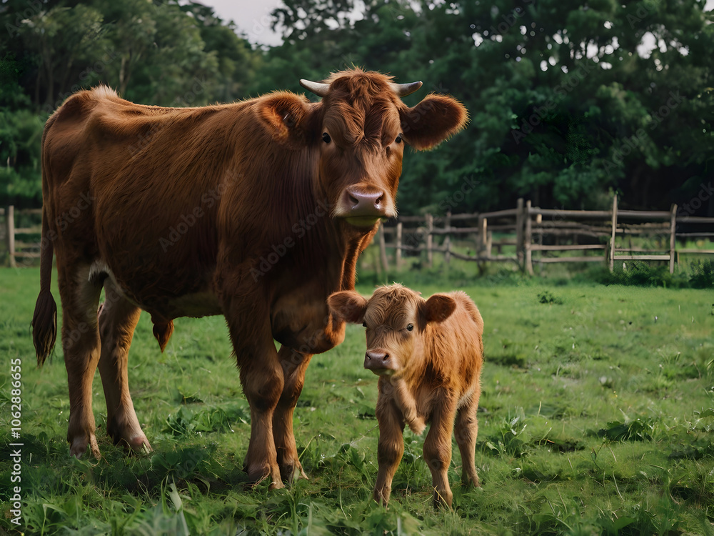 Playful calf standing beside an adult cow in a vibrant green farm setting. Playful calf standing beside an adult cow in a vibrant green farm setting.