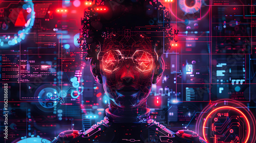 Depict a skilled cyberpunk hacker in a futuristic setting, surrounded by holographic interfaces, intricate code, and virtual reality elements