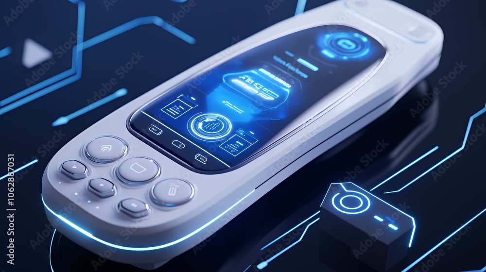 Futuristic white remote control with a digital display and buttons on a blue circuit board background. Futuristic white remote control with a digital display and buttons on a blue circuit board background.