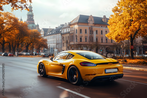Yellow sports car parked in the center of old town
