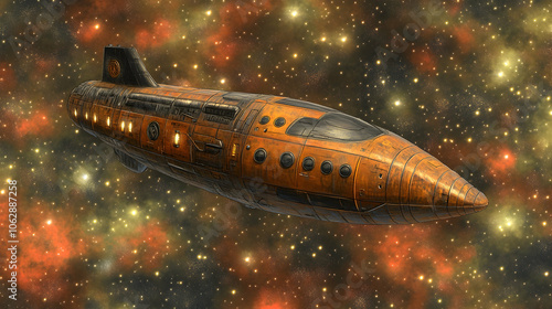 Wallpaper Mural A rusty, steampunk-style spaceship flies through a star-filled galaxy. Torontodigital.ca