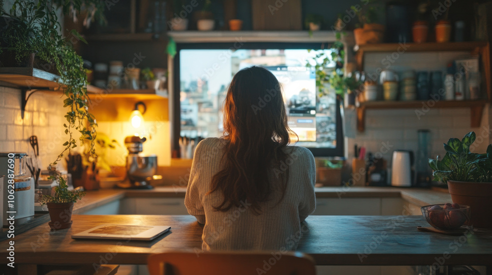 Woman in Cozy Kitchen at Sunset, Serene Ambience with Indoor Plants and Wooden Shelves, Peaceful Domestic Scene, Tranquil Home Concept Woman in Cozy Kitchen at Sunset, Serene Ambience with Indoor Plants and Wooden Shelves, Peaceful Domestic Scene, Tranquil Home Concept