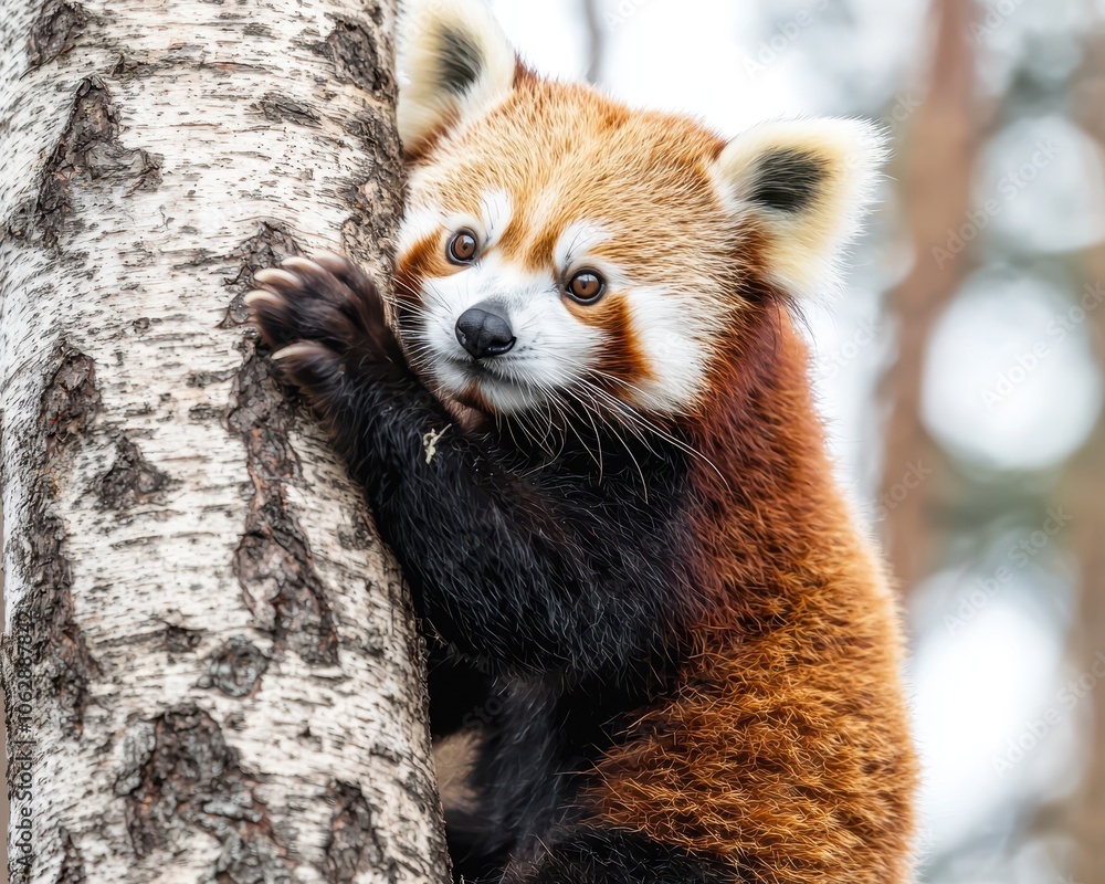 Obraz premium Red panda climbing a tree in a natural habitat.