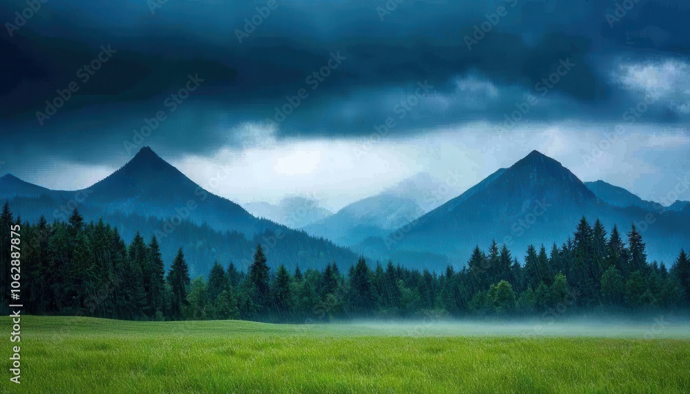 Naklejka premium Scenic view of mountains under cloudy skies with lush green field in the foreground, capturing nature's beauty.