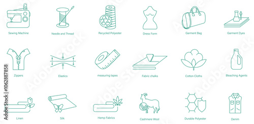 Swing Machine, Needle and Thread, Recycled Polyester, Dress Form, Garment Bag, Garment Ties, Zippers, Elastics, Measuring Tapes, Fabric Chalk, Cotton Cloth, Bleaching Agents, Linen, Silk vector icons