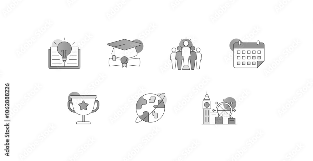 Education and Knowledge Development. Icons Included: Graduation Cap with Diploma, Open Book with Lightbulb, Trophy with Star, Group of People, Calendar with Event Marked Education and Knowledge Development. Icons Included: Graduation Cap with Diploma, Open Book with Lightbulb, Trophy with Star, Group of People, Calendar with Event Marked