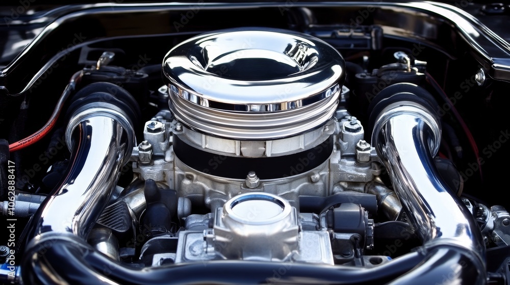 A close-up view of a polished automotive engine showcasing its components and design. A close-up view of a polished automotive engine showcasing its components and design.