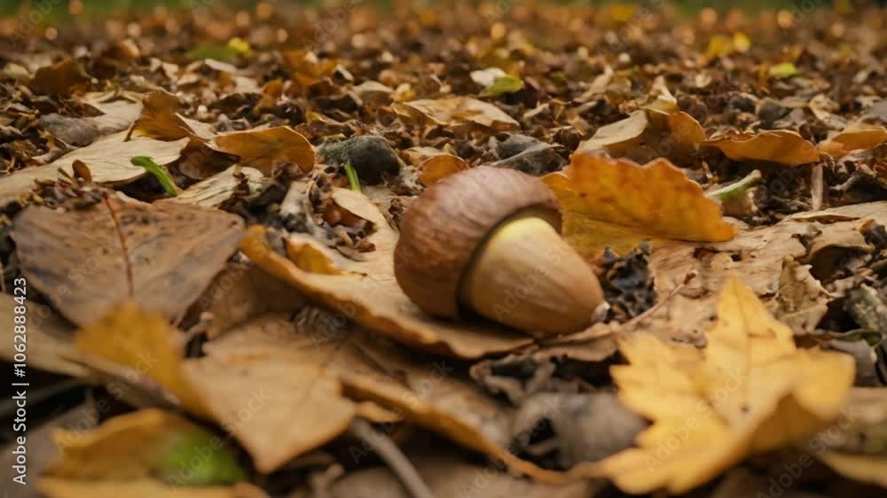 Closeup of an acorn resting among fallen autumn leaves. Closeup of an acorn resting among fallen autumn leaves.