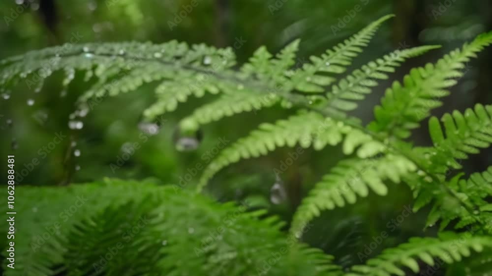 Close-up of dew drops hanging from fern fronds. Close-up of dew drops hanging from fern fronds.