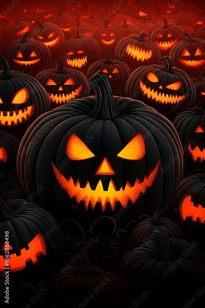 A large group of jack-o-lanterns with glowing eyes and scary grins. A large group of jack-o-lanterns with glowing eyes and scary grins.