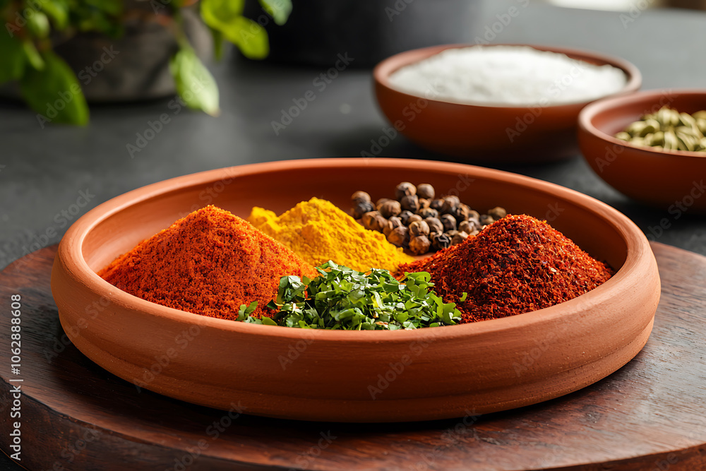 Explore the rich flavors of assorted indian spices on a clay plate Explore the rich flavors of assorted indian spices on a clay plate