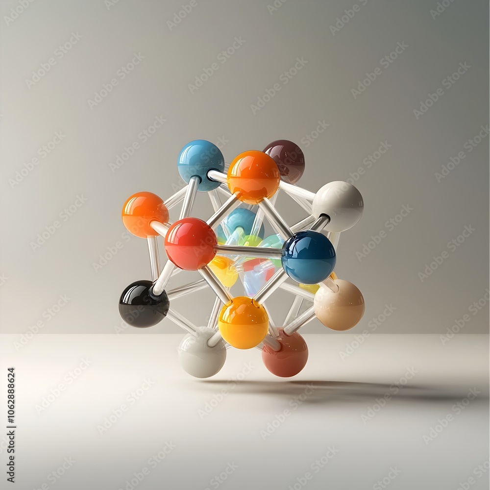 Obraz premium Mesmerizing molecular prism with refractive crystalline structures shimmering holographic surfaces and hypnotizing light play of jewel toned rainbow spectra in a sterile white laboratory environment