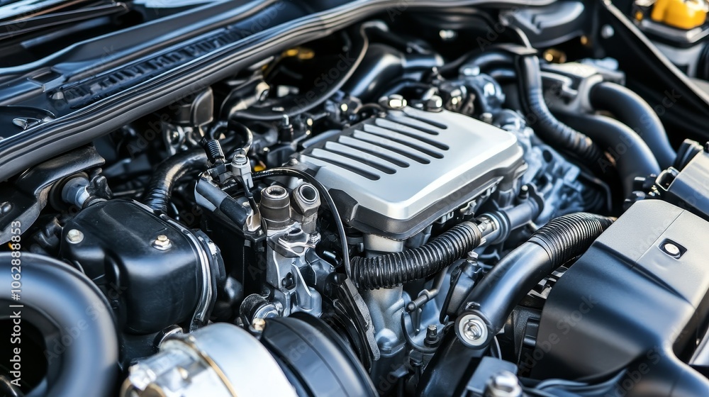 Close-up of a car engine showcasing intricate components and mechanical design. Close-up of a car engine showcasing intricate components and mechanical design.