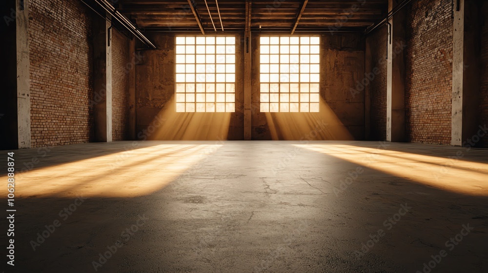 Spacious industrial loft with sunbeams streaming through large windows, creating a warm ambiance. Spacious industrial loft with sunbeams streaming through large windows, creating a warm ambiance.