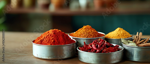 Explore the rich flavors of assorted indian spices in rustic metal containers photo